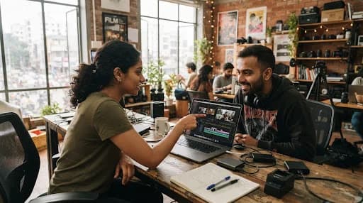 Two people reviewing video edits on a laptop in a studio workspace